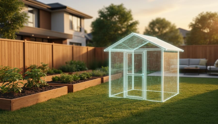 Semi-transparent holographic shed model on a suburban backyard lawn near garden beds and a wooden fence at golden hour, with the house and patio softly blurred in the background.