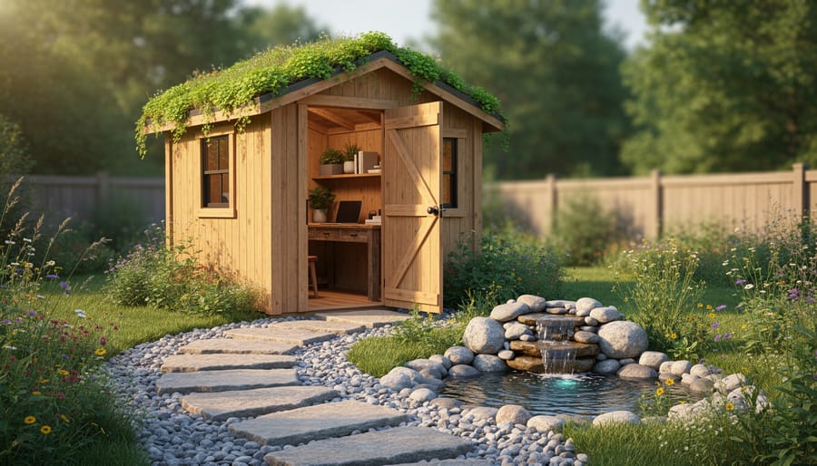 Backyard shed converted into a biophilic workspace with a sedum green roof, river-rock perimeter, boulder stepping stones, small bubbling water feature, and native wildflowers, with reclaimed wood desk and shelves visible through the open door in warm golden-hour light.