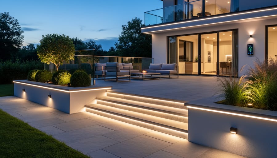 Modern covered patio with built-in recessed LED lighting in ceiling beams above contemporary outdoor furniture