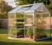 Compact 8-by-8-foot polycarbonate greenhouse in a suburban backyard at golden hour, viewed at a three-quarter angle, with shelves of seedlings, herbs, and tomato vines visible inside and a lawn, fence, and small shed in the background.