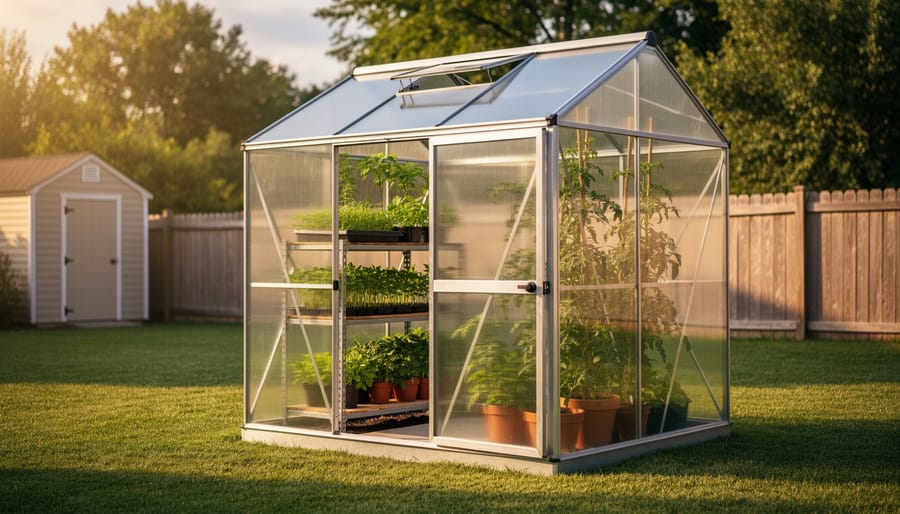 Compact 8-by-8-foot polycarbonate greenhouse in a suburban backyard at golden hour, viewed at a three-quarter angle, with shelves of seedlings, herbs, and tomato vines visible inside and a lawn, fence, and small shed in the background.