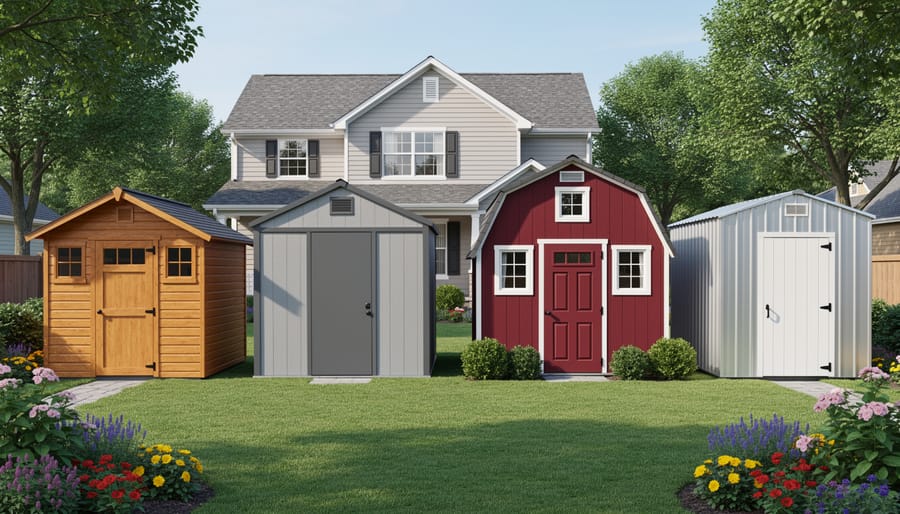 Backyard view showing multiple virtual shed style options placed in same location for comparison