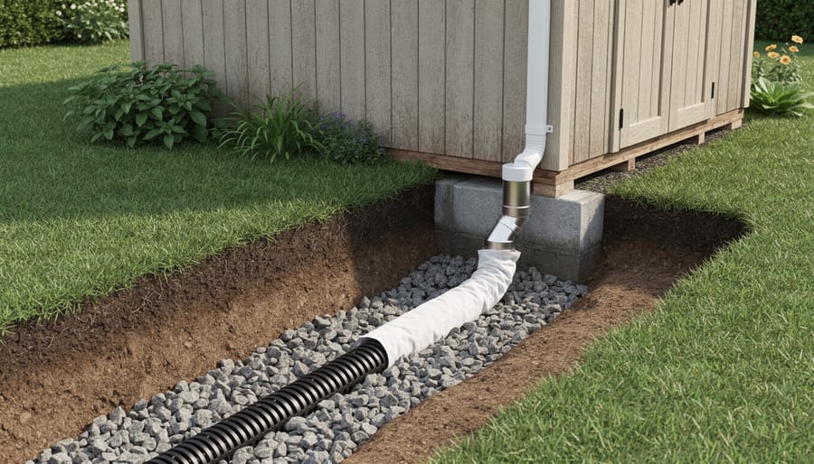 Shed with installed J drain system and downspout directing water during rainfall