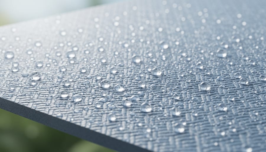 Close-up of water droplets beading on weatherproof resin composite material surface