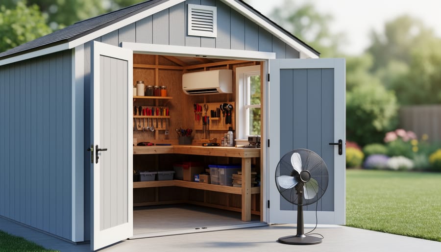 Interior of a small backyard shed workspace with a wall-mounted mini-split air conditioner, louvered gable vent, oscillating floor fan, and organized workbench, with a blurred garden visible through the open door.