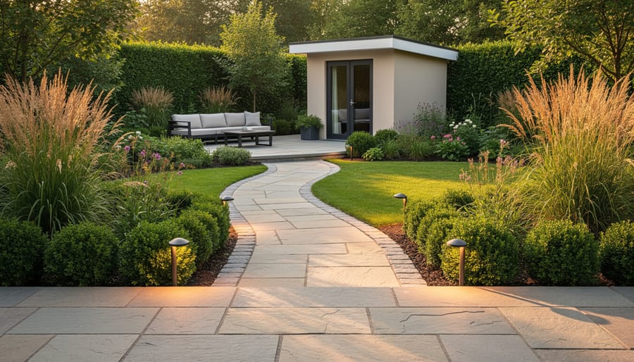 Curving four-foot-wide flagstone pathway bordered by native grasses and boxwood leading from a stone patio to a modern backyard shed at golden hour, with low path lights illuminated and surrounding garden beds.