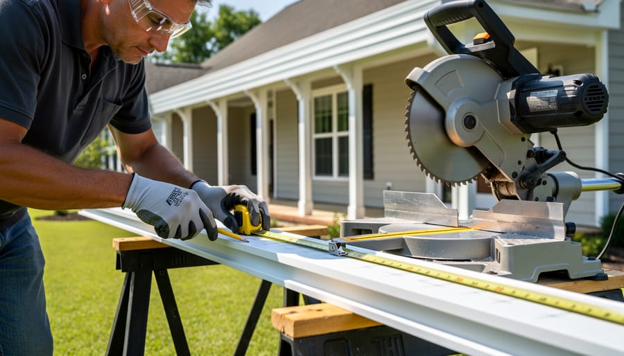 Overhead view of homeowner cutting K-style gutter to length with hacksaw on workbench