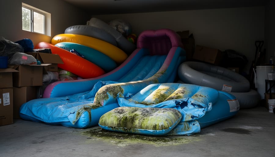 Damaged inflatable showing mold spots and deteriorated material from improper storage