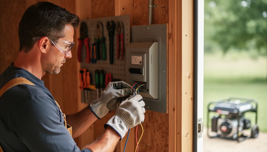 DIY homeowner wearing safety glasses and insulated gloves wiring a transfer switch next to a main electrical panel on a shed wall, soft daylight with blurred tools and a portable generator in the background.