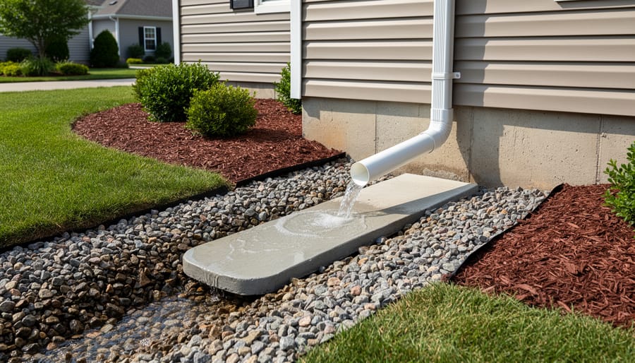 Homeowner installing downspout extension with splash block to redirect water from foundation