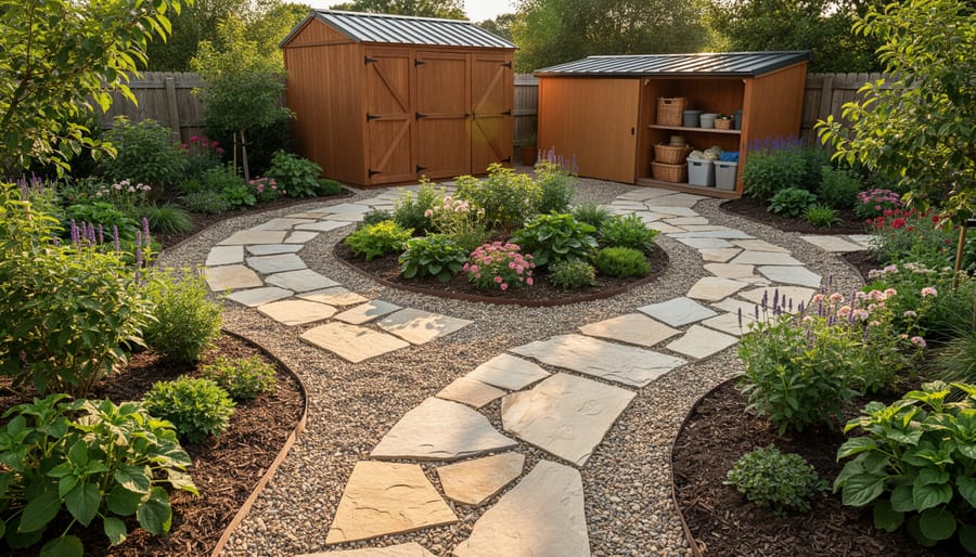 Flagstone pathway winding through garden leading to wooden storage shed