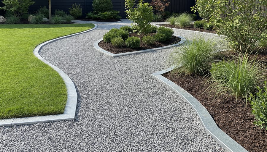 Curved pea gravel pathway with metal edging leading through landscaped yard