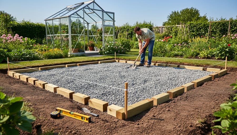 Close-up of greenhouse foundation showing gravel base and frame anchor detail