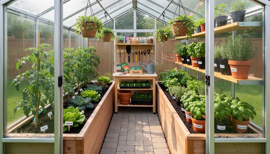 Overhead view of vegetables and herbs growing in organized rows inside greenhouse