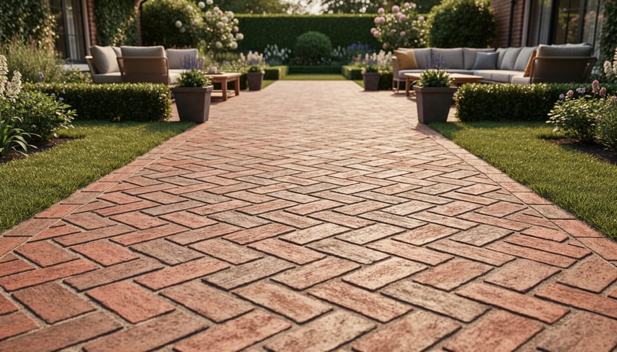 Close-up of herringbone pattern brick paver pathway with detailed joint work