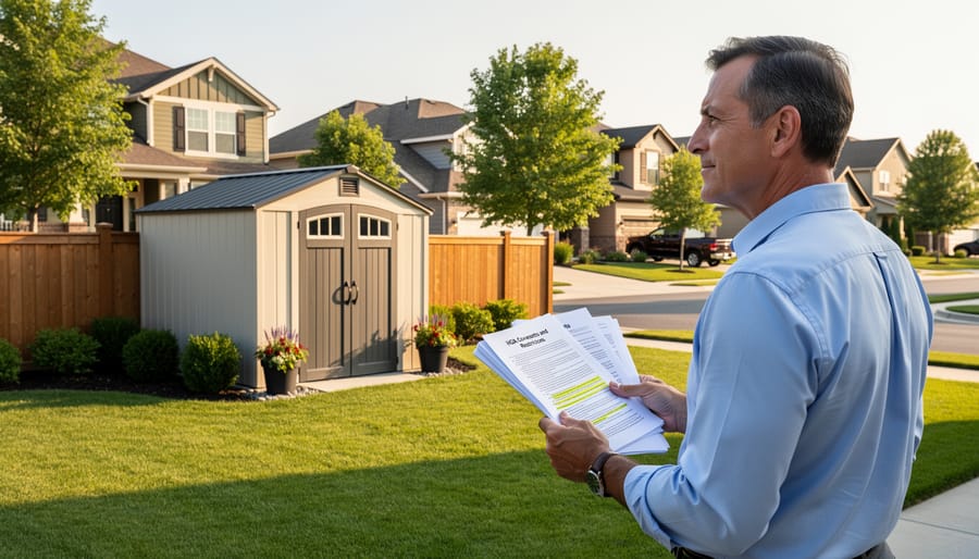 Well-maintained storage shed properly positioned in residential backyard near fence