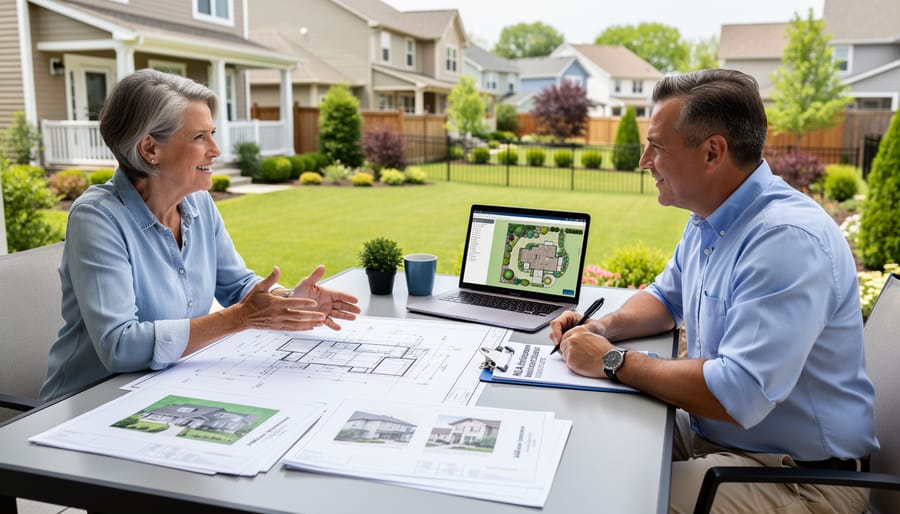 Homeowner discussing architectural plans with HOA representative outdoors