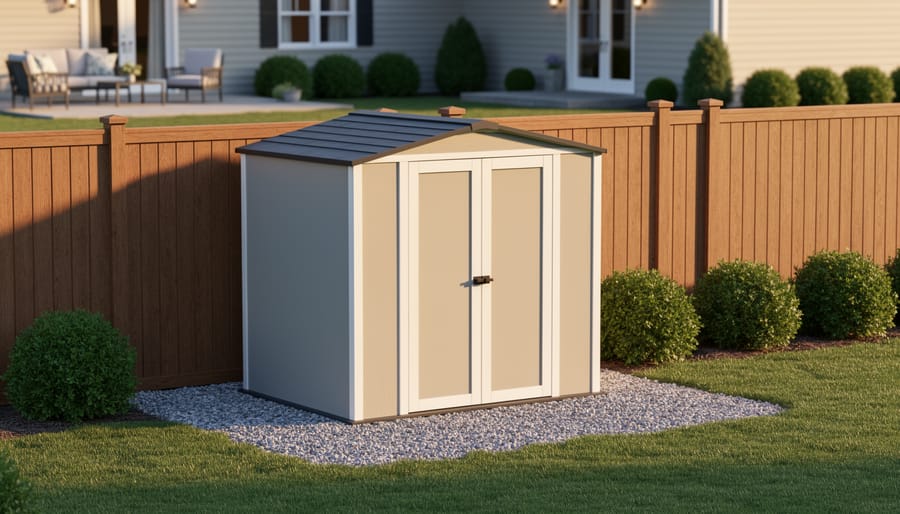 Neutral-toned storage shed on a gravel pad with proper setback from a wooden privacy fence in a suburban backyard at golden hour, with house and landscaping softly blurred in the background.
