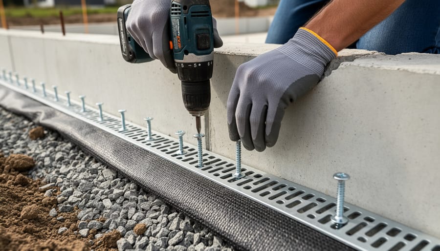 Contractor's hands installing J-channel drain on shed roof with drill and fasteners