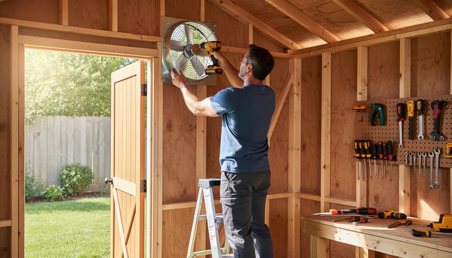 Person installing an exhaust fan vent into wooden shed wall with power drill