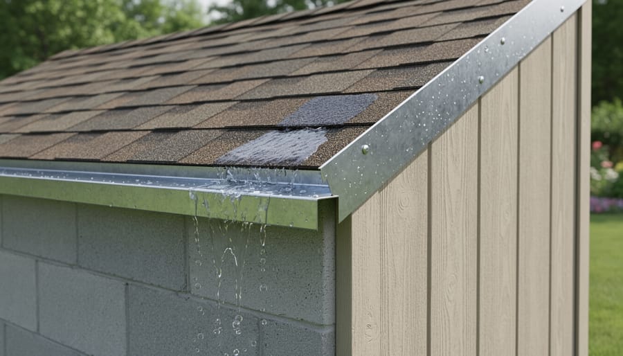 Close-up of J-channel drain installed along shed roof edge showing the curved profile