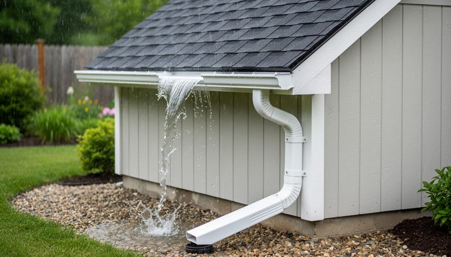 K-style gutters and downspout installed on wooden shed effectively managing rainwater