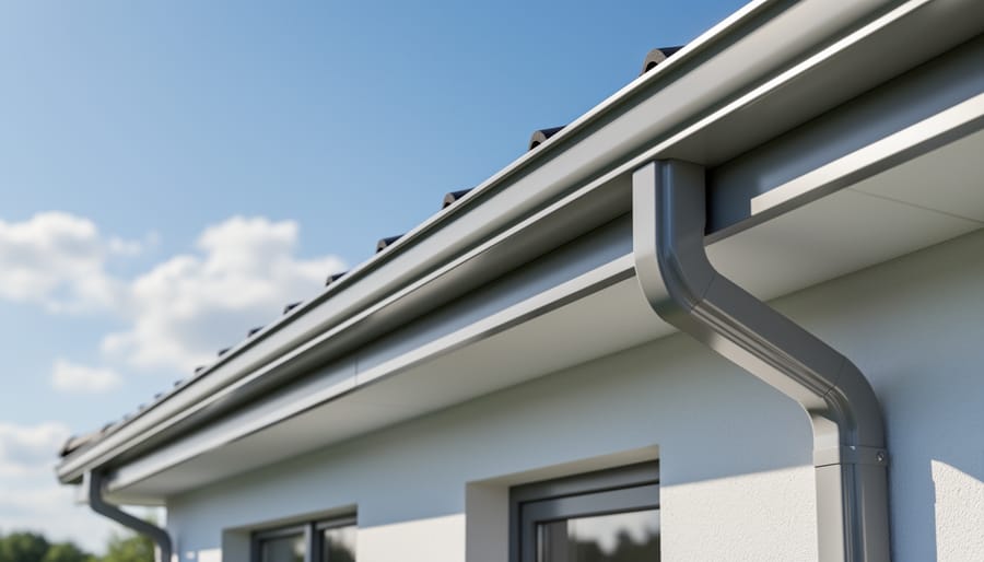 Close-up detail of K-style aluminum gutter attached to shed with mounting bracket