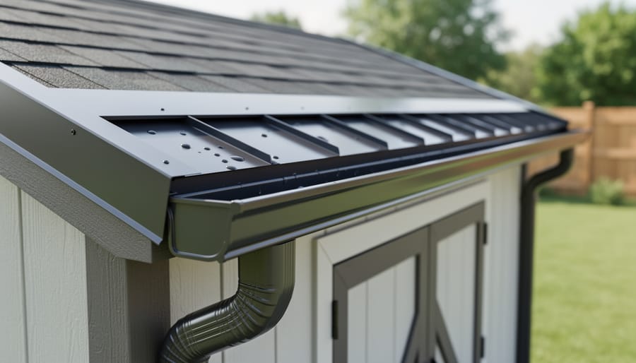 Close-up of K-style gutter profile showing decorative shape mounted on wooden fascia