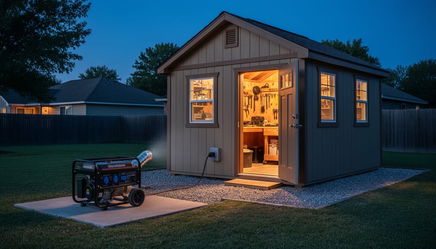 Workshop shed at dusk glowing with interior lights, portable generator placed safely on a pad about 20 feet away with exhaust directed away, heavy-duty cable connected to an exterior power inlet; trees and fence in the background.