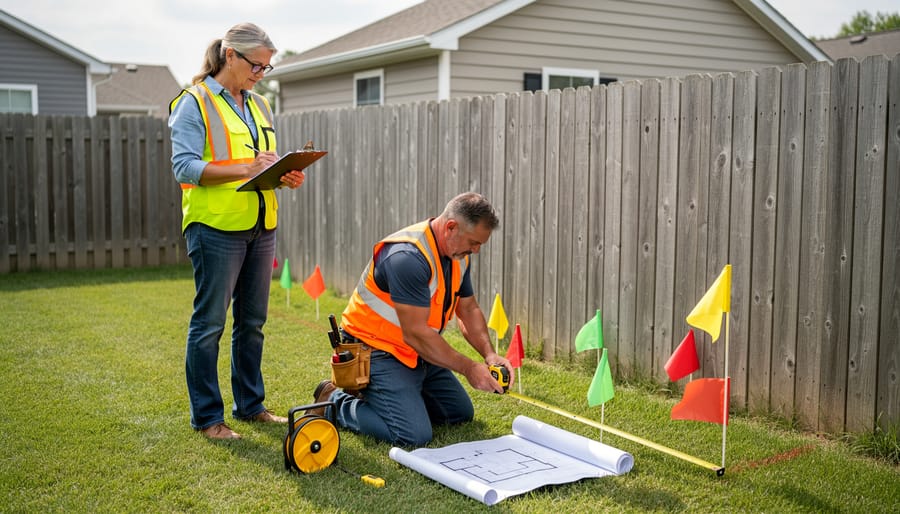 Homeowner using stakes and string to mark setback boundaries in backyard