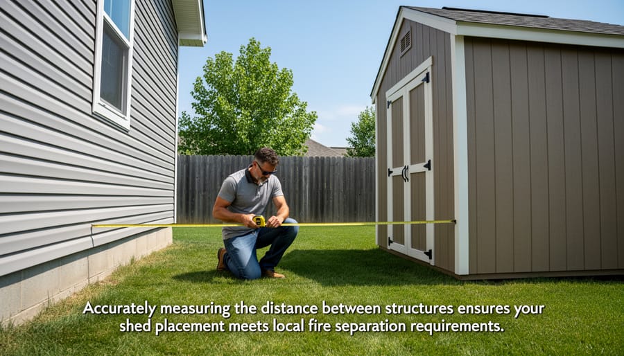 Hands using measuring tape to calculate distance in residential backyard