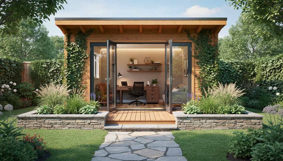 Garden shed workspace with natural wood benches, climbing plants, and rock garden borders