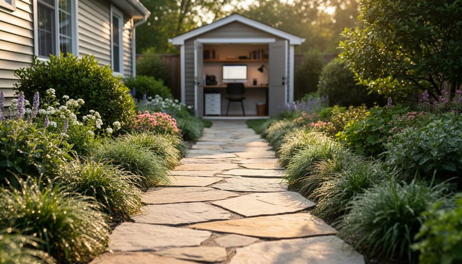 Natural stone pathway lined with flowers leading to backyard shed workspace