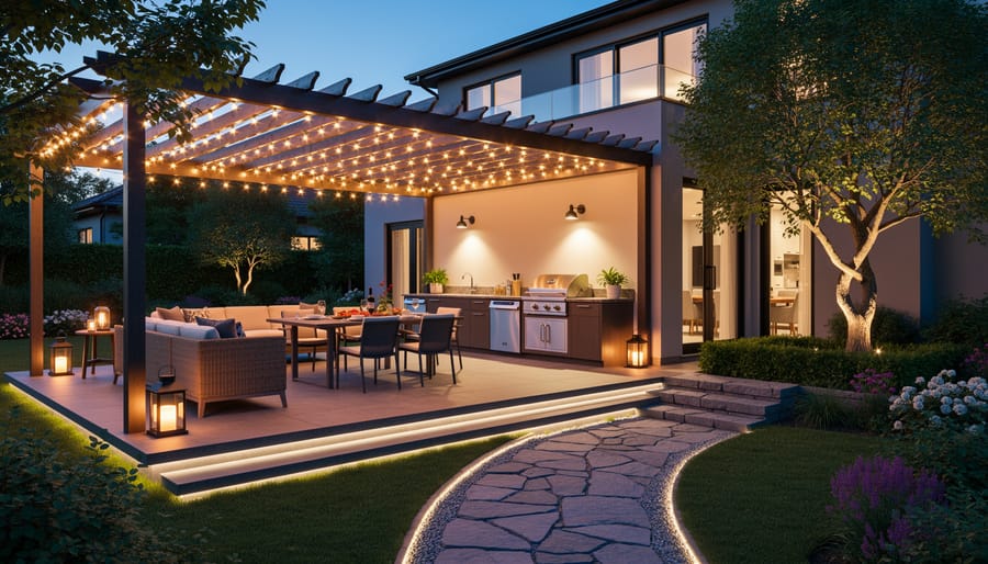 Modern backyard patio at dusk with overhead string lights, lanterns on tables, task lighting over a dining area and grill, and subtle accent lights along steps and a stone pathway with uplighting on a tree and pergola.