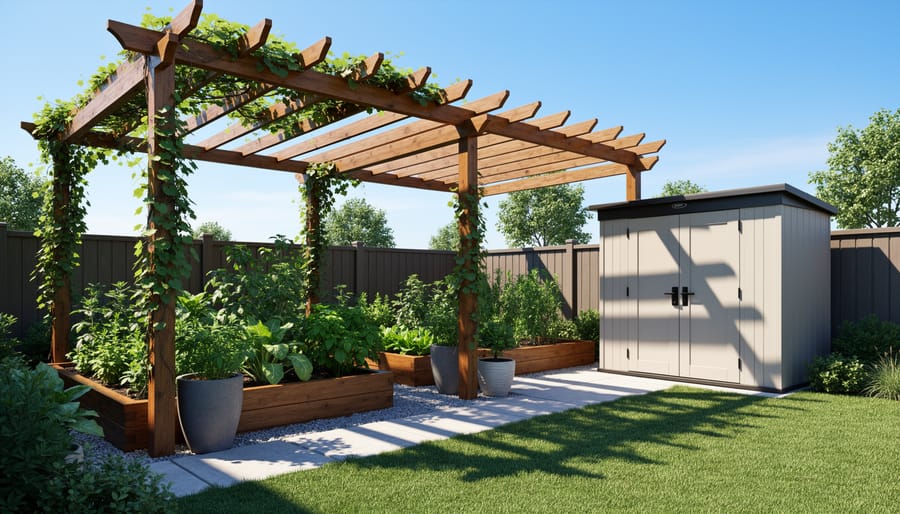 Wooden pergola providing shade over garden with storage shed in background