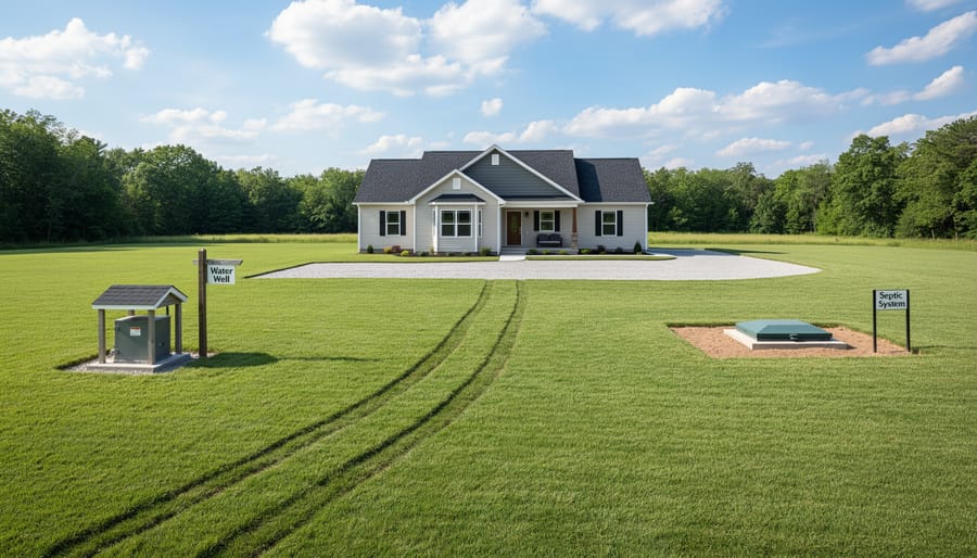 Aerial view of backyard showing proper spacing between shed, well, and septic system
