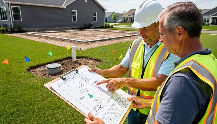 Person reviewing property survey document at desk with measuring tools