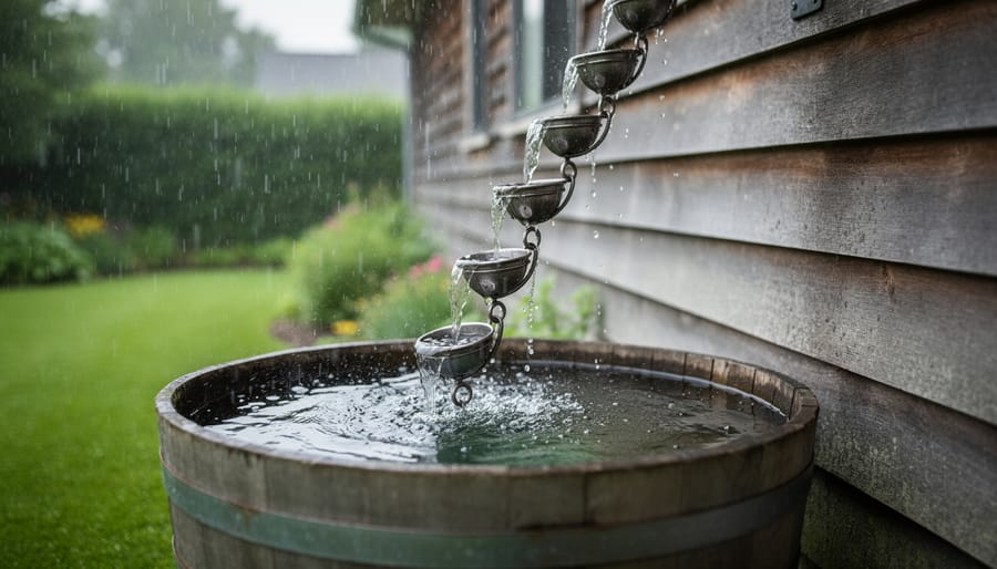 Decorative copper rain chain directing water from shed gutter into wooden rain barrel