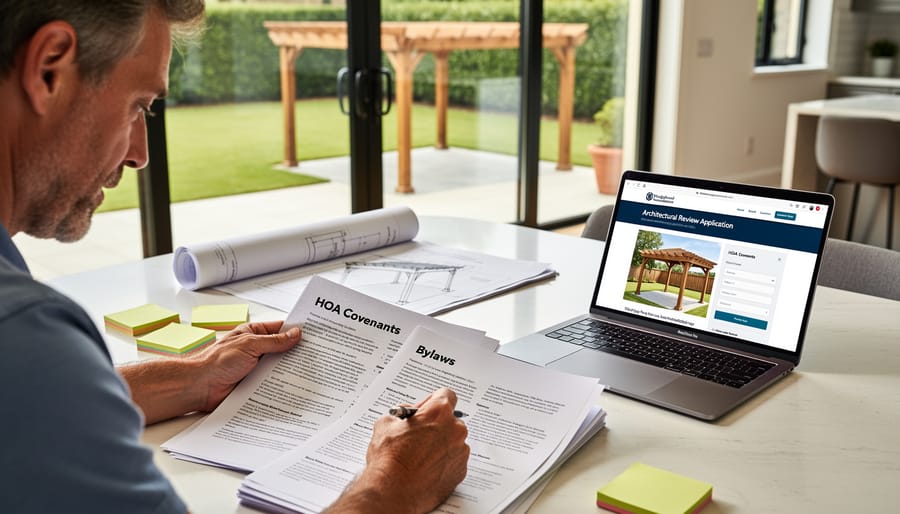 Person reviewing HOA documents and legal papers on desk