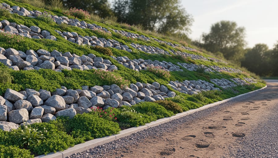 Riprap stones and ground cover plants controlling erosion on sloped residential yard