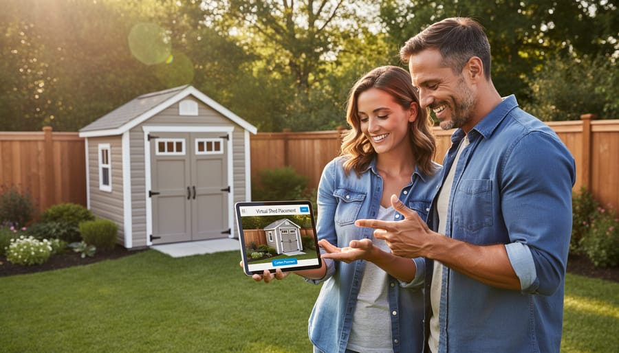 Happy couple standing in backyard next to their newly installed shed