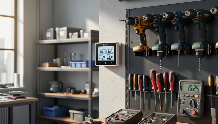 Temperature and humidity sensor mounted in organized shed with garden tools and equipment