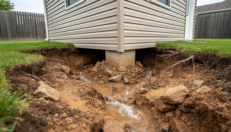 Eroded soil and exposed foundation around wooden storage shed showing drainage damage