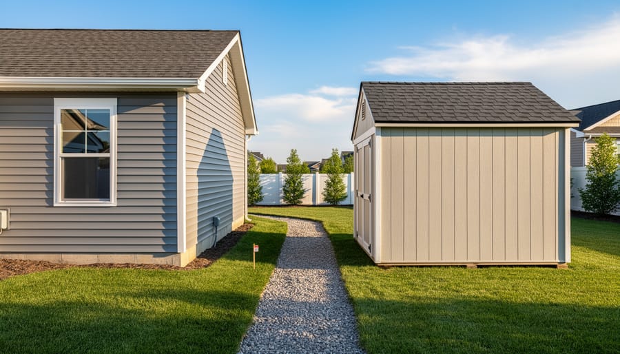 Wooden storage shed positioned at safe distance from residential house with measuring tape on ground