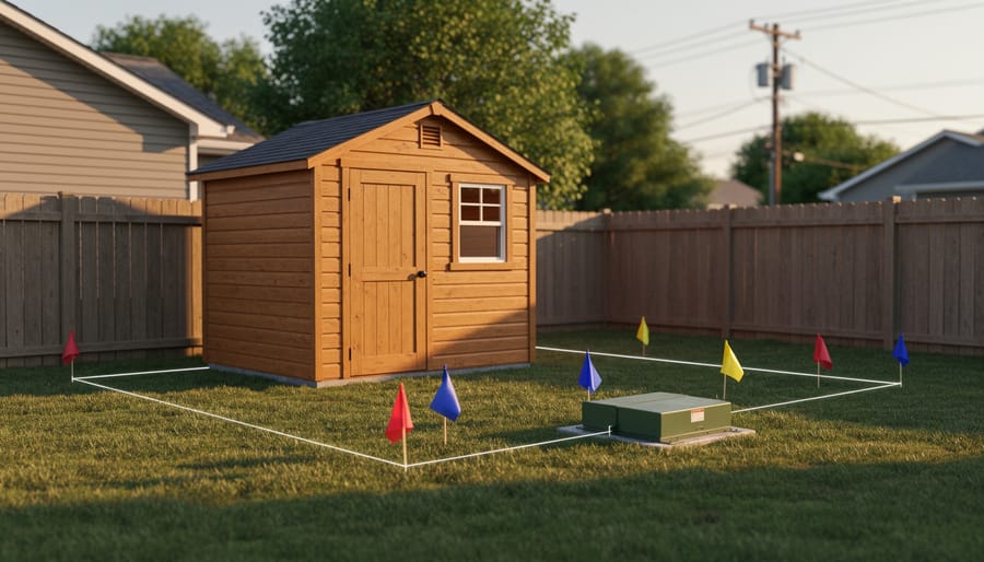 Wooden garden shed near a backyard fence with red, blue, and yellow utility flags and a green utility box marking an easement; a string line outlines the proposed footprint; neighboring house and power pole softly blurred in the background.