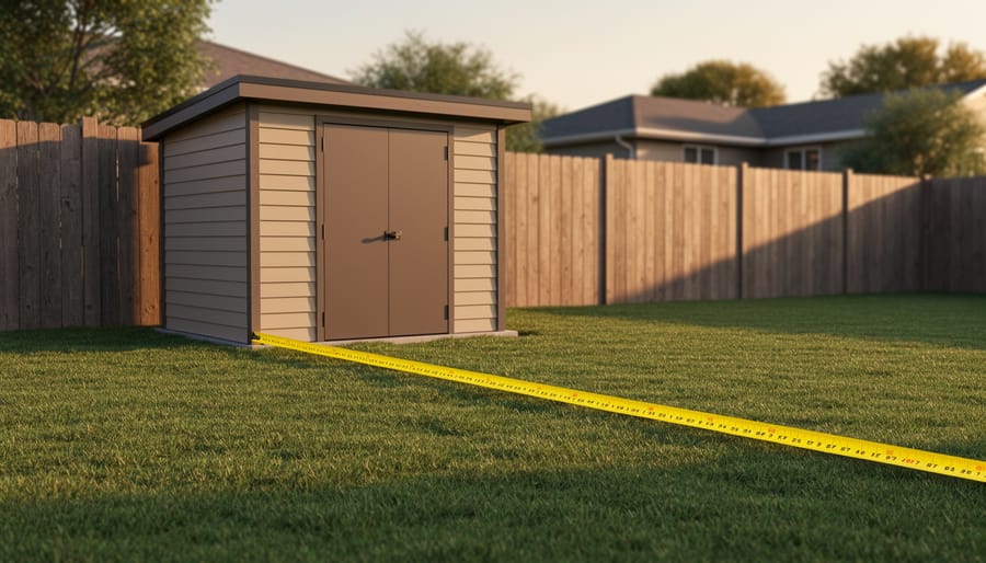 Backyard scene with a modern shed positioned several feet from a wooden fence marking the property line, a yellow measuring tape stretched on the grass between them, warm late-afternoon light, and a softly blurred house and trees in the background.