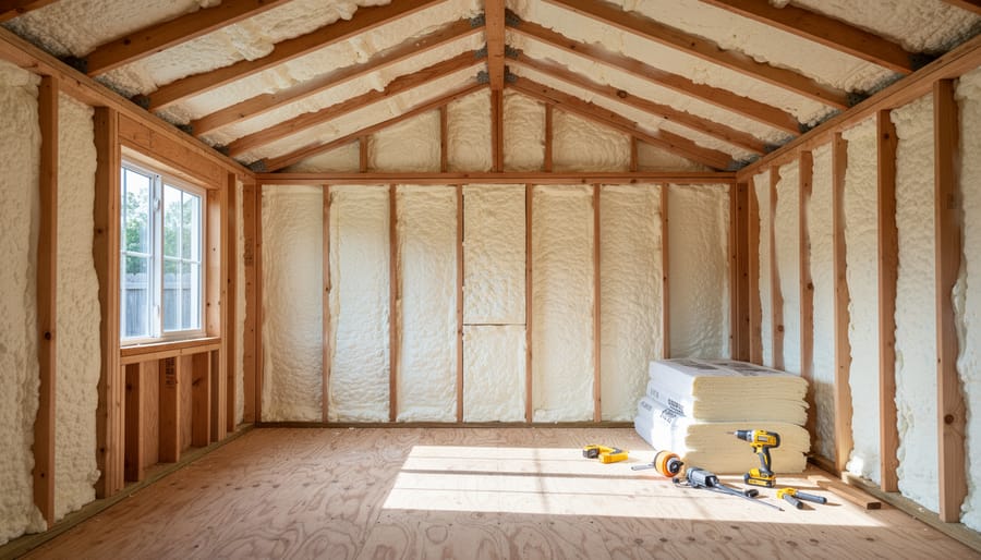 Reflective insulation installed between wooden rafters in shed roof interior