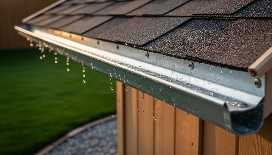 Close-up view of a shed roof with a metal J-channel drip edge guiding rainwater off the eave, with a gravel perimeter drain and lawn softly blurred in the background.
