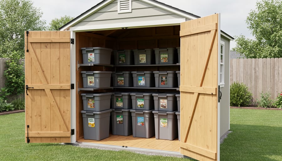 Organized storage bins containing folded inflatables on shelves inside outdoor shed