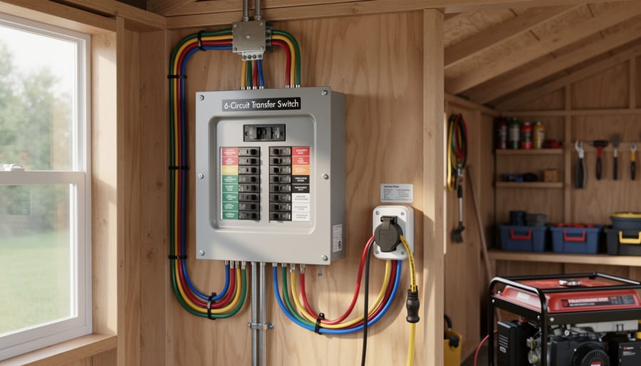 6-circuit transfer switch mounted on wooden shed wall showing circuit breakers and switches